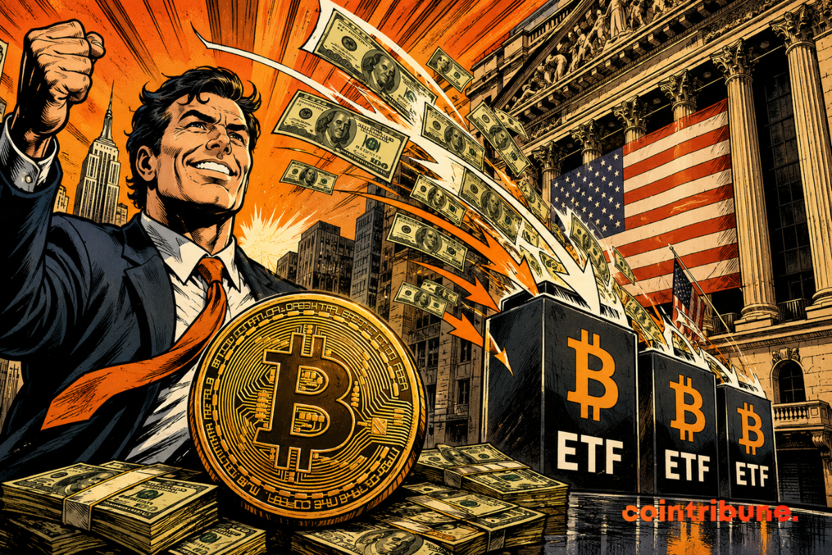 Illustration représentant des ETF spot Bitcoin américains attirant d'importants flux de capitaux, avec un jeton Bitcoin au premier plan et des billets en dollars symbolisant les entrées de fonds.