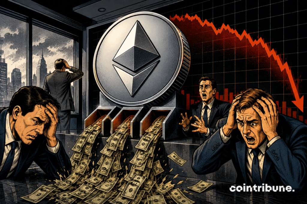 Banknotes pour out of an Ethereum ATM under the anxious gaze of crypto investors, symbolizing capital outflows from ETF.
