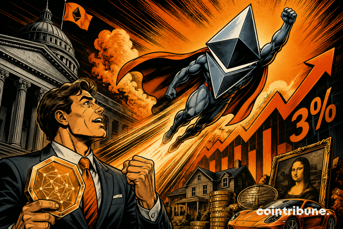 Illustration de Ether en super-héros s'envolant au-dessus d'un graphique en hausse de 3 %, symbolisant le rebond du prix porté par la Tokenisation et l'écosystème Ethereum.