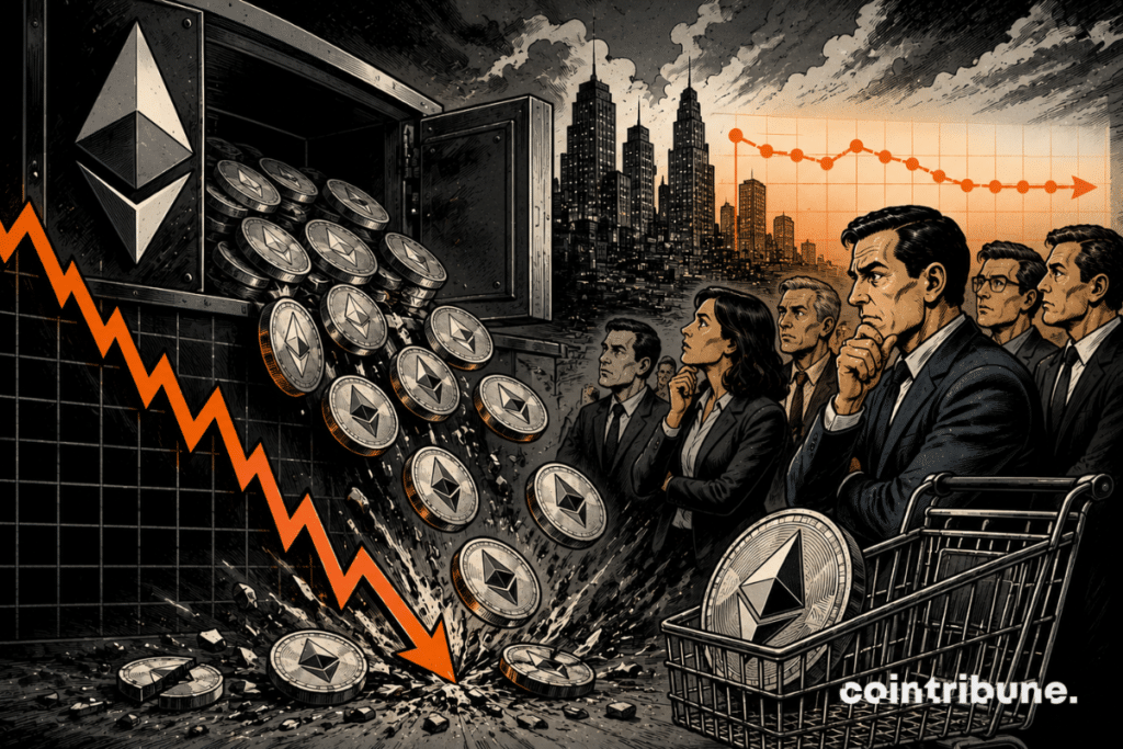 Des investisseurs observent la chute des pièces d’Ethereum d’un coffre-fort.