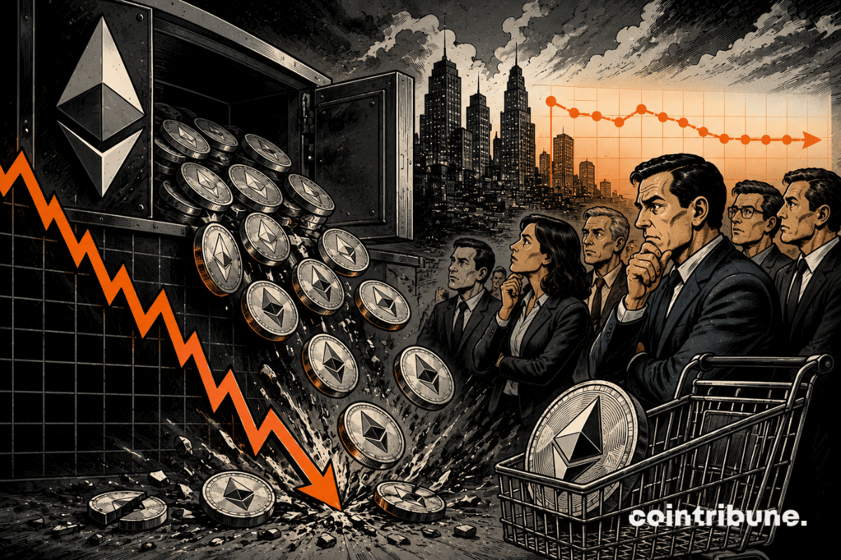 Des investisseurs observent la chute des pièces d’Ethereum d’un coffre-fort.