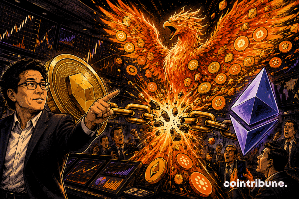 Un phénix crypto orange surgit d’une chaîne brisée entre une pièce dorée et un cristal violet, sous le regard d’un analyste.