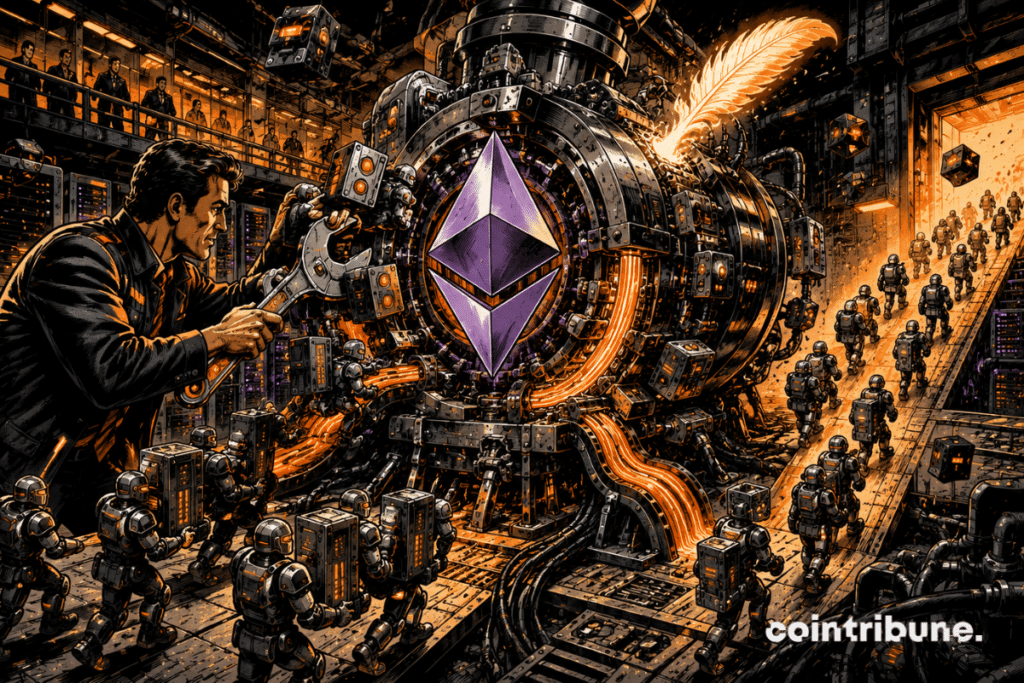 An engineer adjusts a giant Ethereum engine as an army of digital validators pulls back, releasing an orange flow.