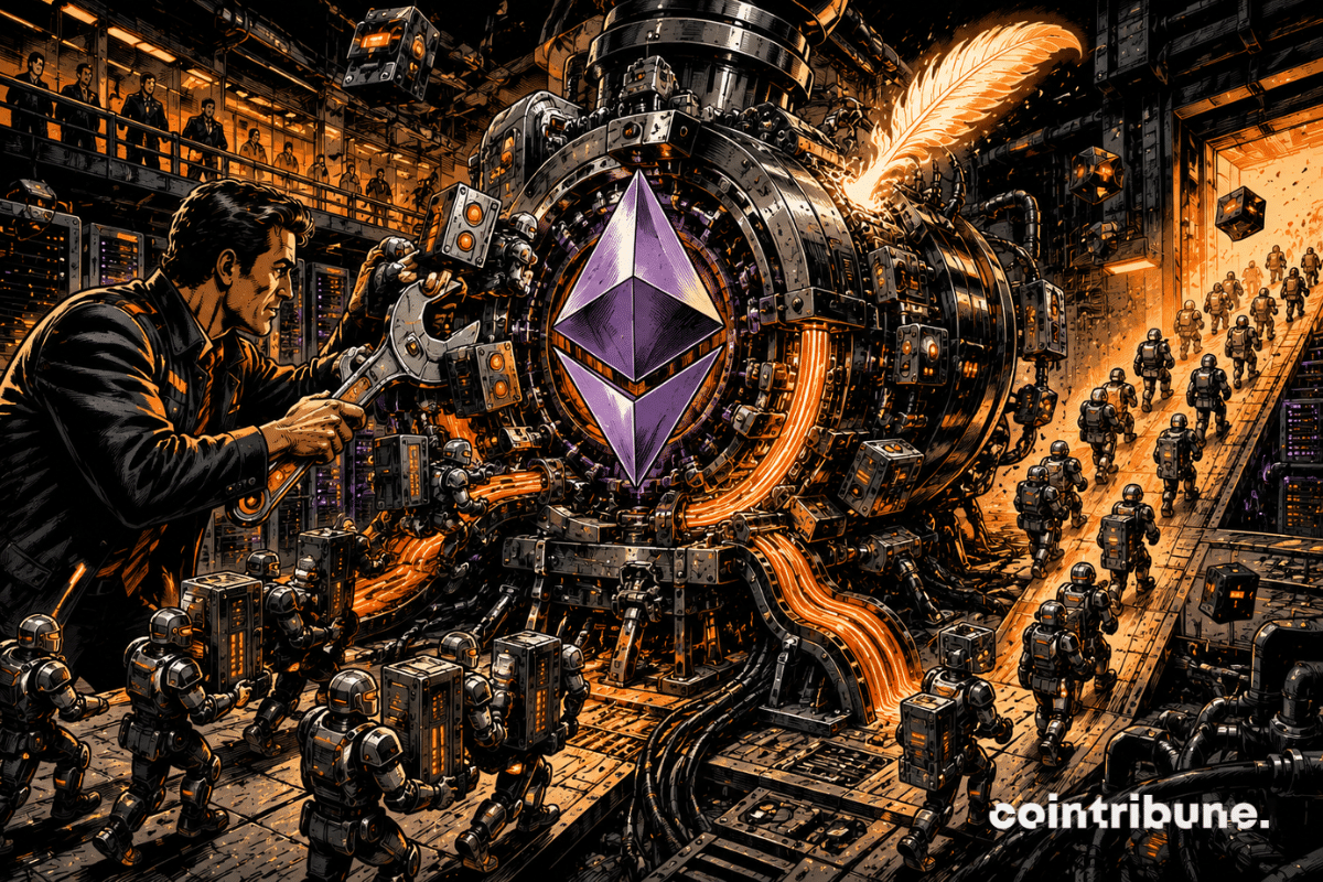 An engineer adjusts a giant Ethereum engine as an army of digital validators pulls back, releasing an orange flow.