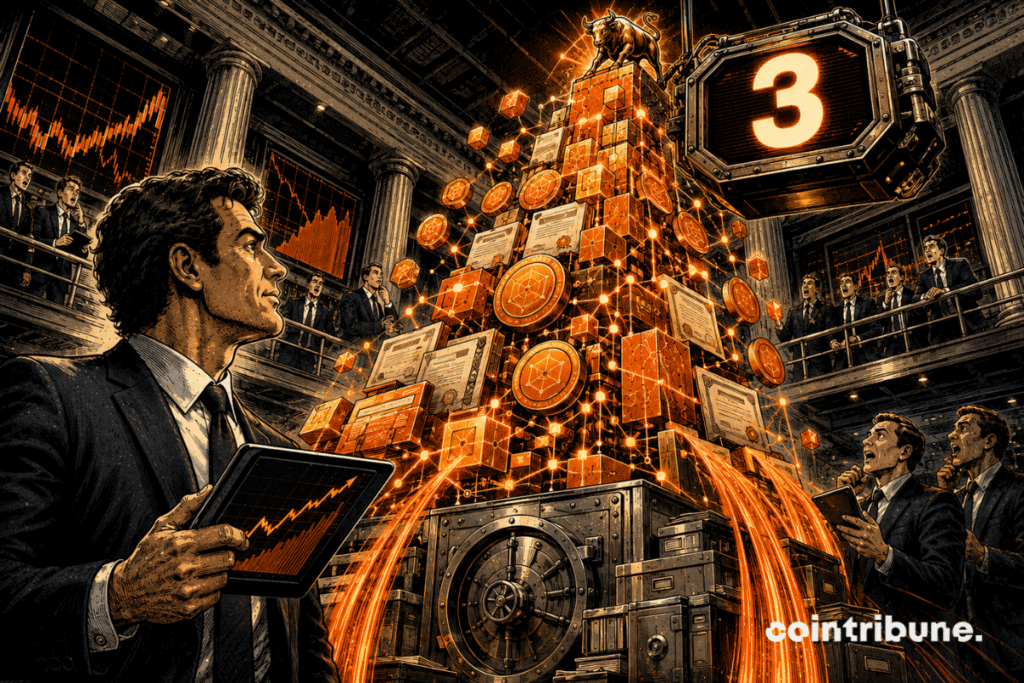 Une tour de fonds crypto tokenisés s’élève depuis des coffres institutionnels vers un compteur affichant 3.