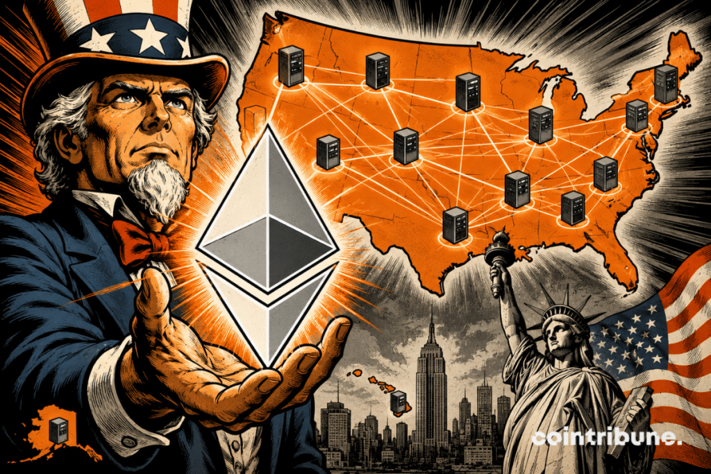 Illustration représentant Ethereum devant une carte des États-Unis reliée par des serveurs, symbolisant la concentration des nœuds Ethereum sur le territoire américain.