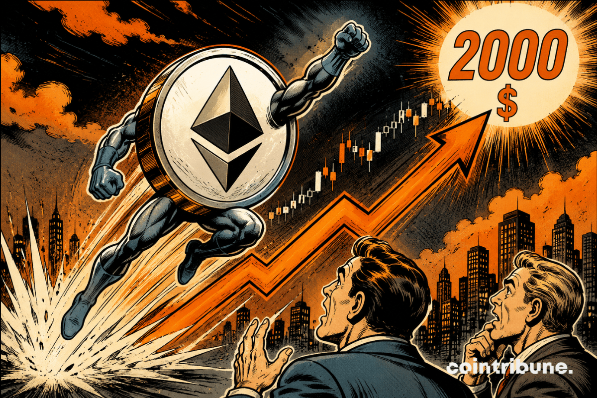 Illustration représentant Ethereum en pleine envolée vers les 2 000 dollars, symbolisant le rebond du cours et l'optimisme des investisseurs.