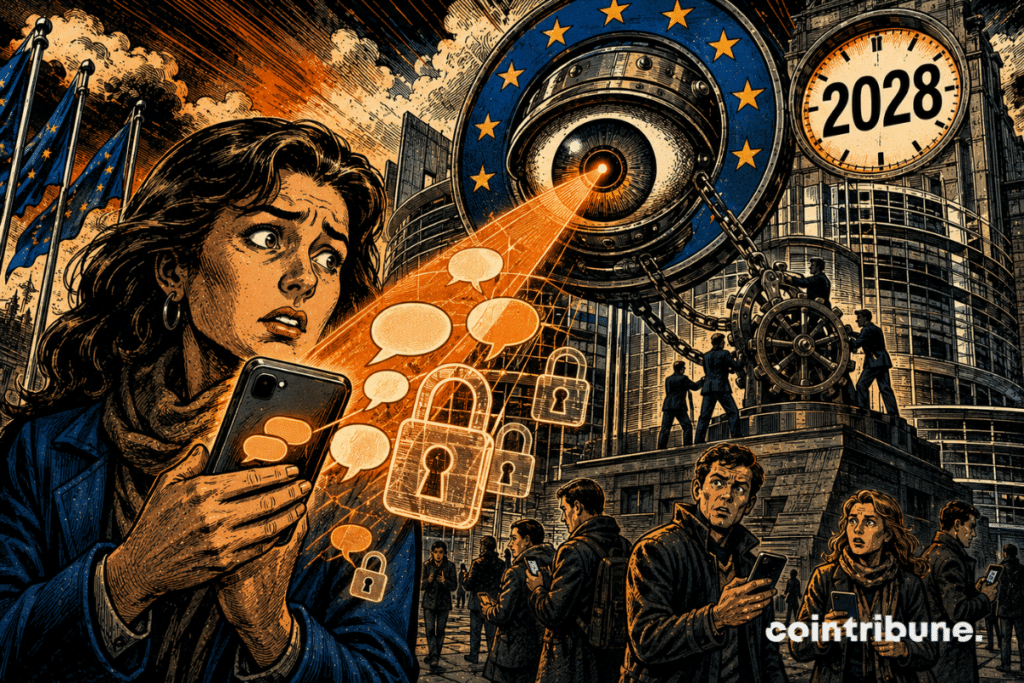 A citizen shields her smartphone as a European mechanical eye scans conversation bubbles labeled Chat Control beneath a clock displaying 2028.