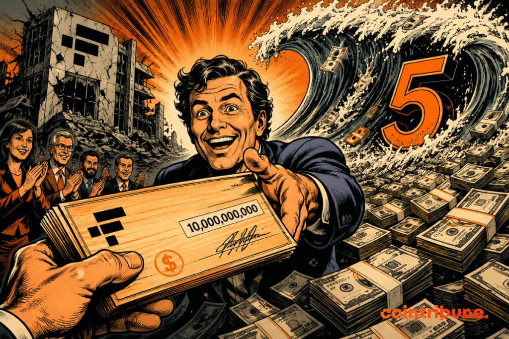 Illustration of FTX creditor repayments featuring a symbolic billion check, representing the fifth distribution following the exchange's collapse.