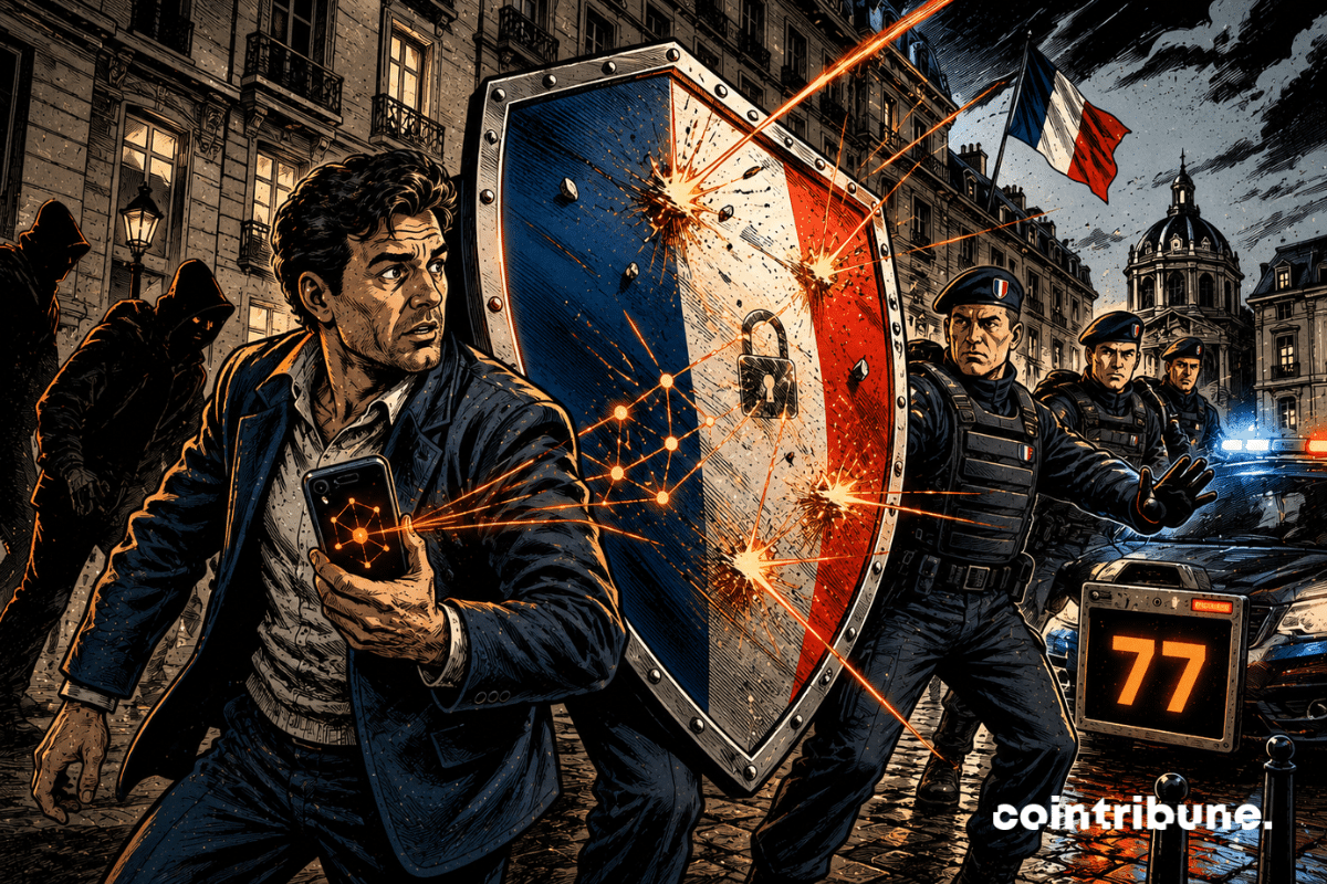 Un investisseur crypto est protégé par des agents et un bouclier tricolore, tandis que le nombre 77 apparaît en arrière-plan.
