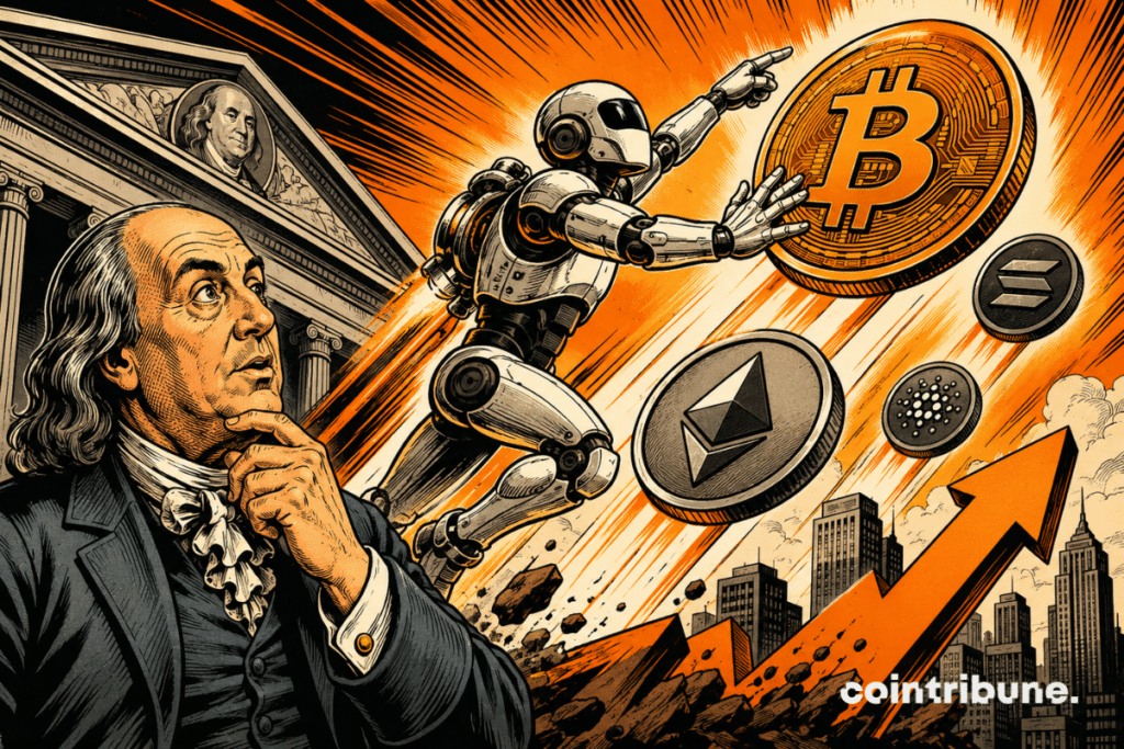 Un agent IA propulse le Bitcoin et plusieurs cryptomonnaies devant Benjamin Franklin, illustrant la vision de Franklin Templeton sur l'avenir de la Crypto.