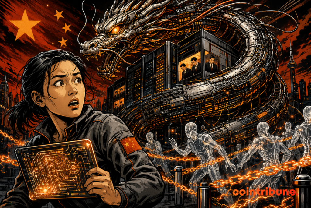 Comic-style illustration of a worried engineer standing before a data center surrounded by a mechanical dragon, with AI agents restrained by orange chains.