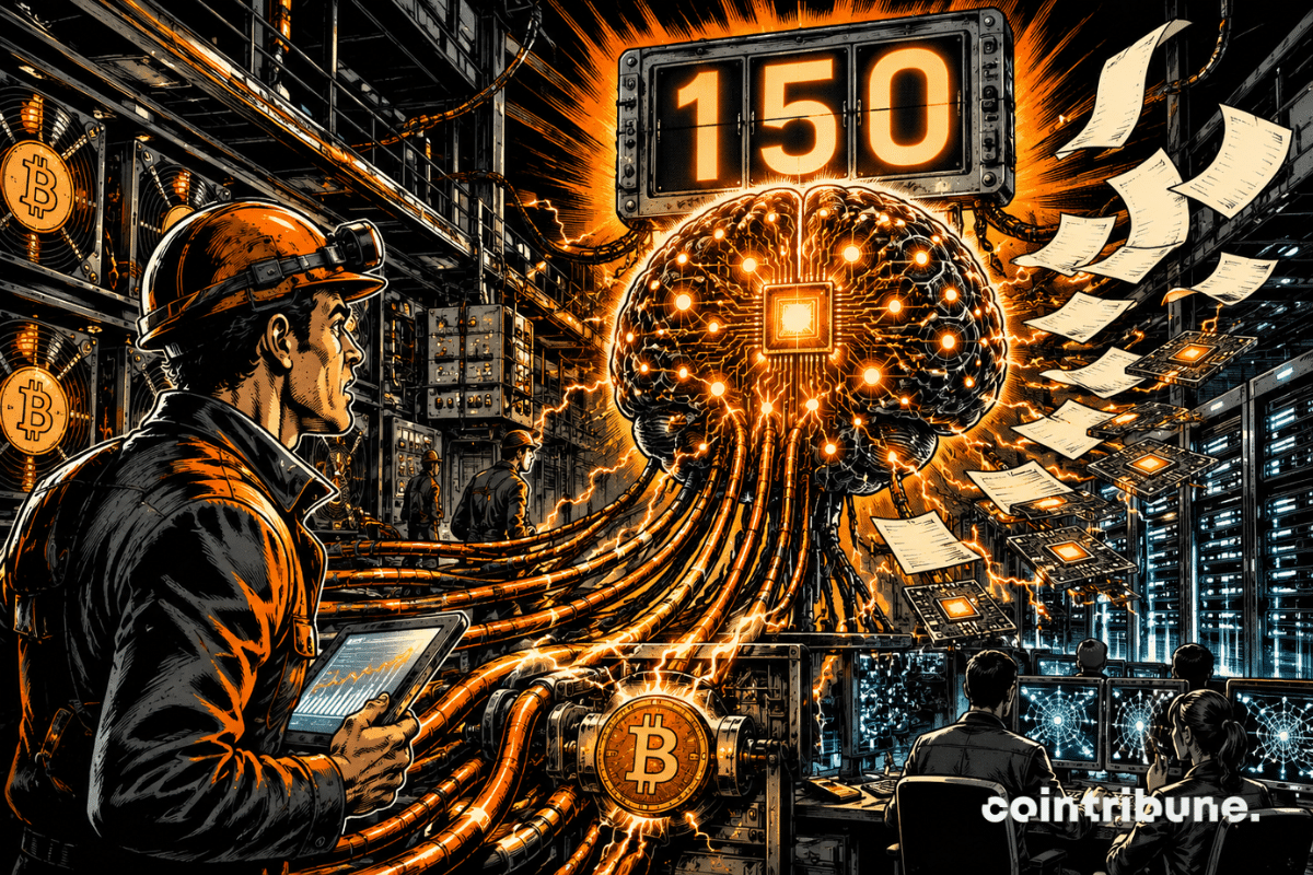 A Bitcoin miner watches orange cables power an AI brain inside a data center, beneath a counter displaying 150.