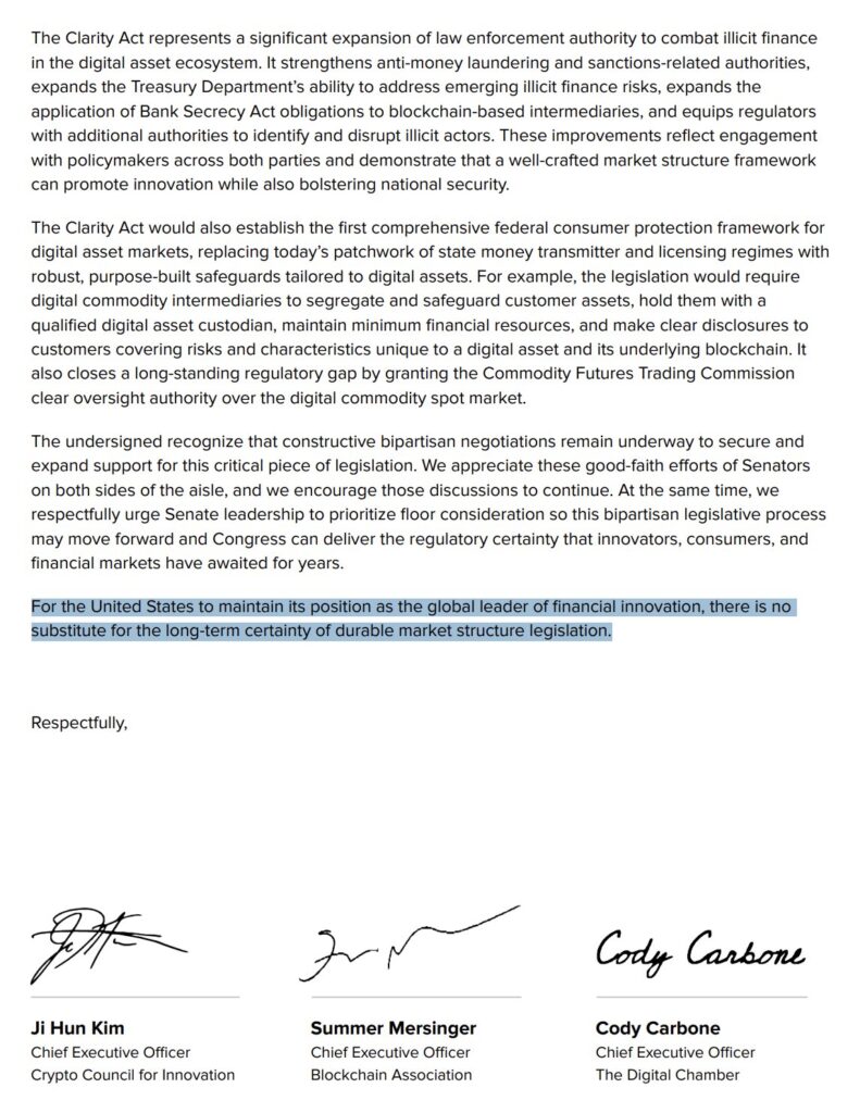Signatories including Ji Hun Kim (CCI), Summer Mersinger (Blockchain Association) and Cody Carbone (The Digital Chamber) stress the urgency as 67 million Americans already hold cryptos and the lack of clear framework hinders innovation.