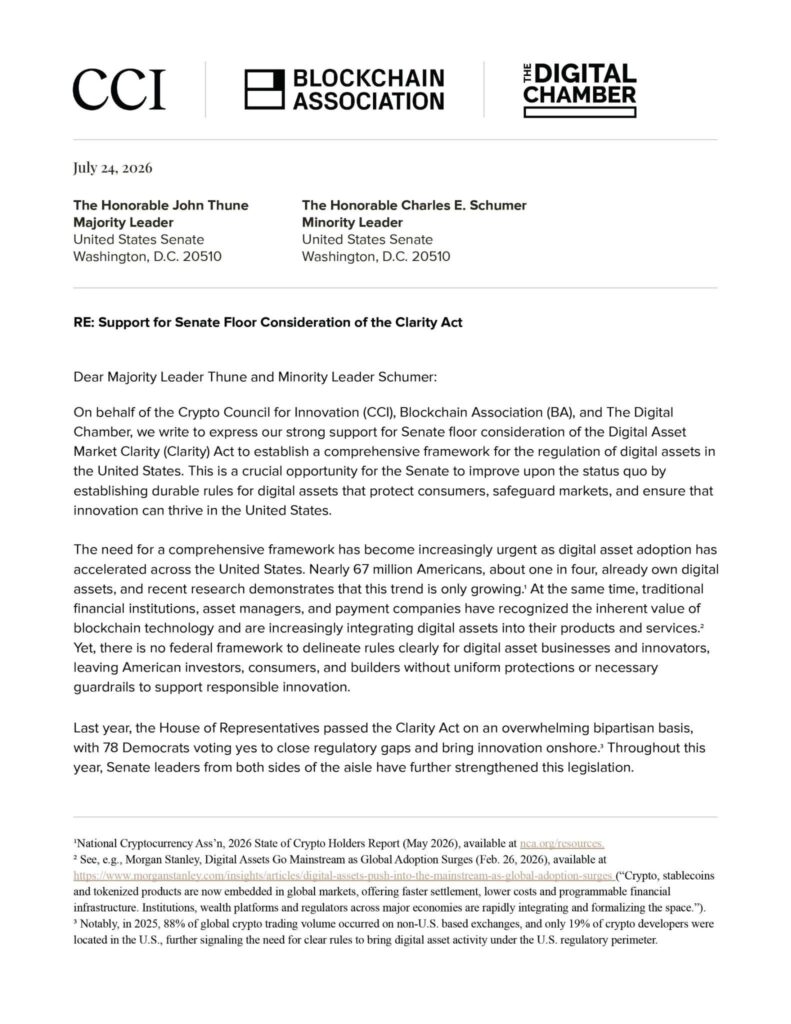 the three main digital asset advocacy groups in the United States, including the Crypto Council for Innovation (CCI), the Blockchain Association and The Digital Chamber, have officially called on the Senate to vote for the Clarity Act.