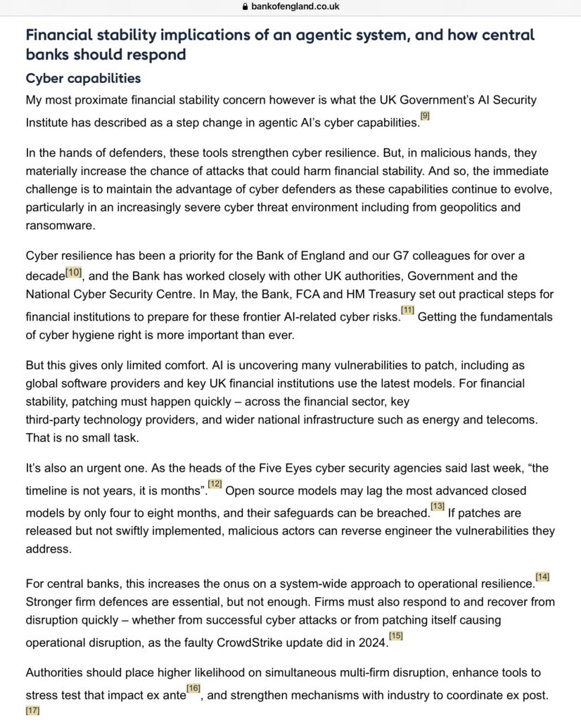 L’IA agentique, ces systèmes autonomes capables de prendre des décisions sans intervention humaine, fait peur. Non seulement par la rapidité à laquelle elle se développe, mais aussi par son potentiel disruptif. Christine Lagarde et Sarah Breeden insistent sur le fait que les infrastructures financières actuelles ne sont pas prêtes à encaisser une onde de choc de cette ampleur.