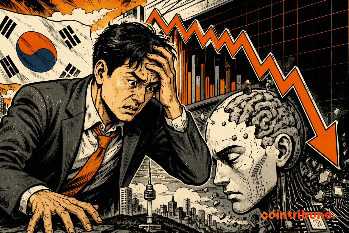 Illustration du KOSPI en forte baisse, avec un investisseur inquiet devant un graphique en chute libre, symbolisant les doutes sur les investissements dans l'IA en Corée du Sud.