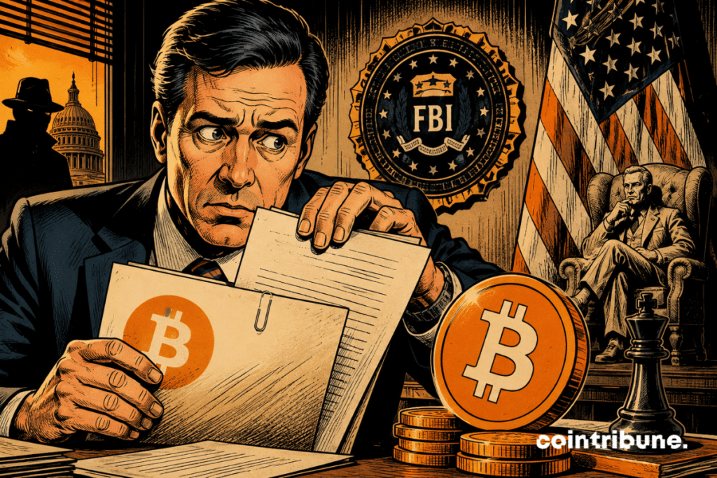 Illustration of an FBI official holding Bitcoin-related documents, with the FBI emblem and Bitcoin symbols, representing the late disclosure of an investment in Strategy.