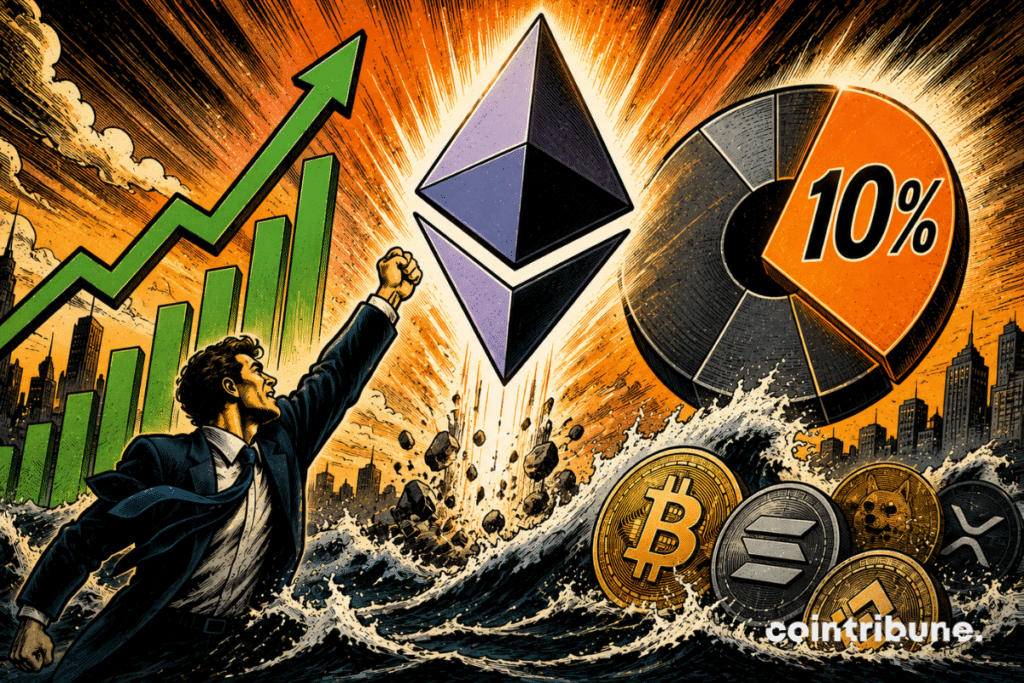 A crypto investor watches the rise of an Ethereum symbol.