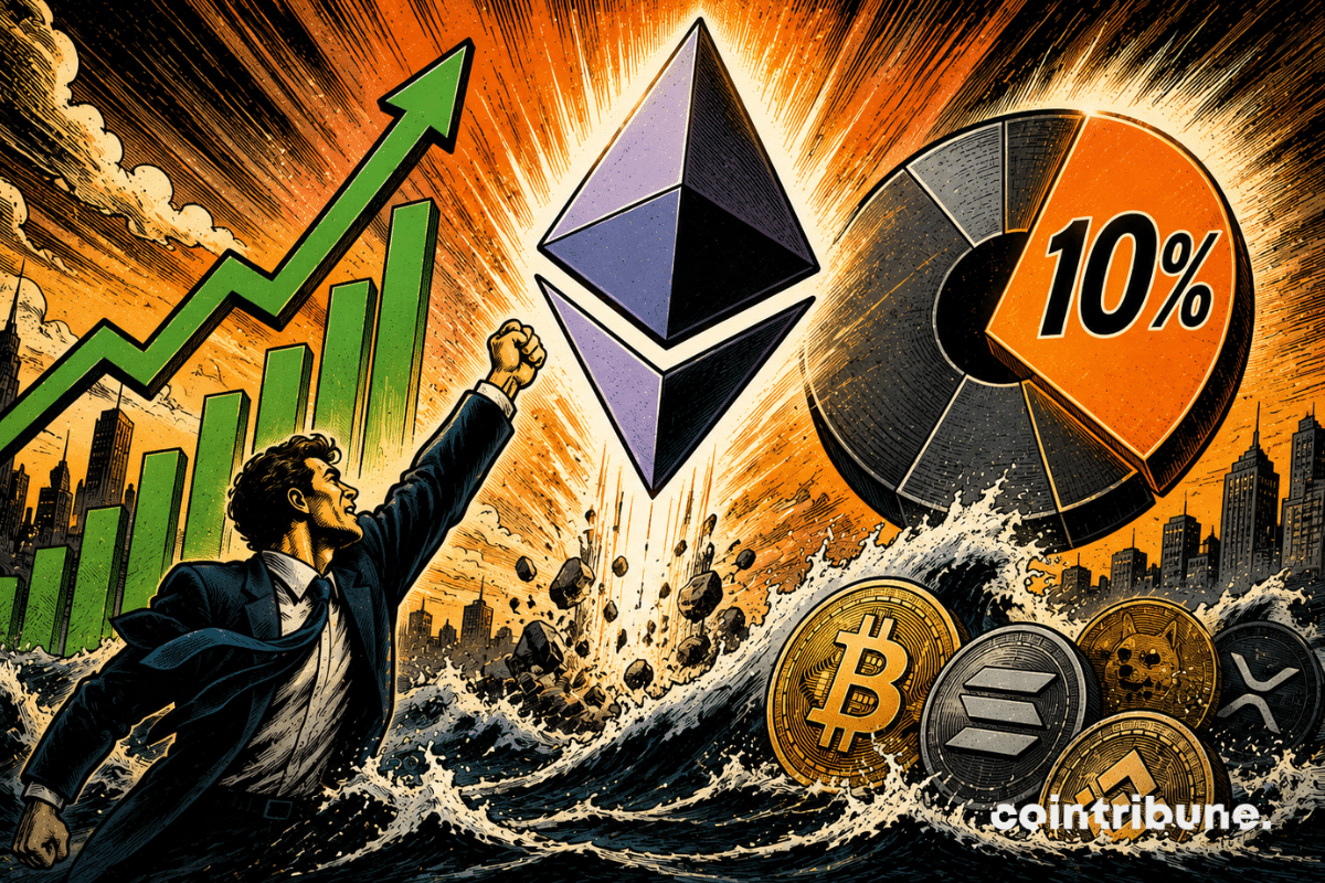 A crypto investor watches the rise of an Ethereum symbol.