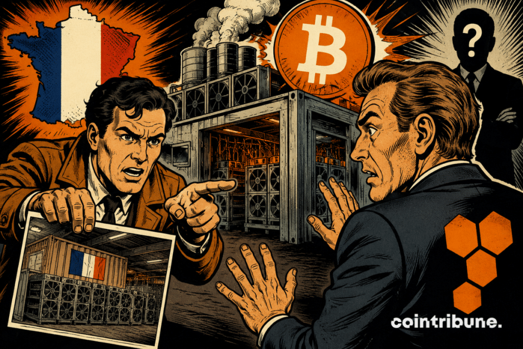 Ilustración que muestra a Bitcoin y MARA en el centro de una controversia en Francia por un proyecto de minería vinculado a la adquisición de Exaion.