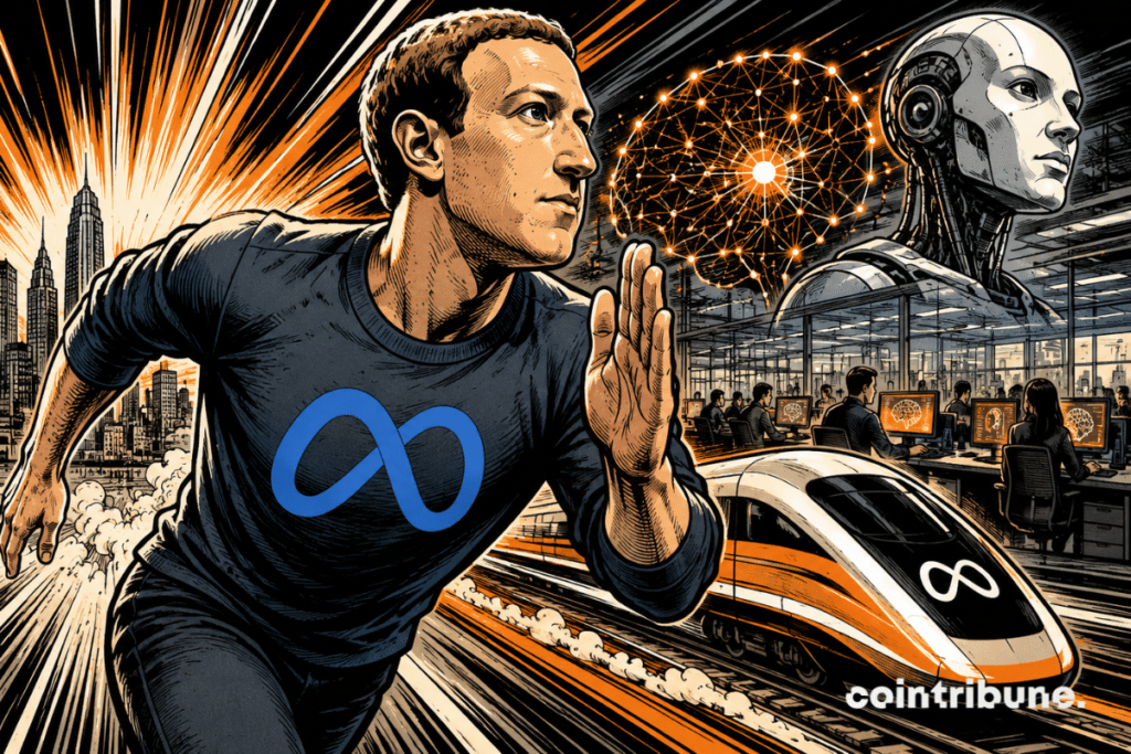 Illustration of Meta and Zuckerberg highlighting the company's growing investment in artificial intelligence and the push for faster results.