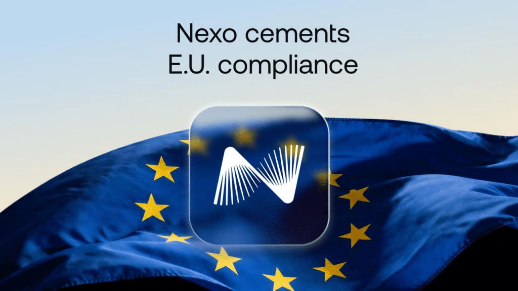 Logo de Nexo superposé au drapeau de l’Union européenne, illustrant sa conformité réglementaire dans l’UE.