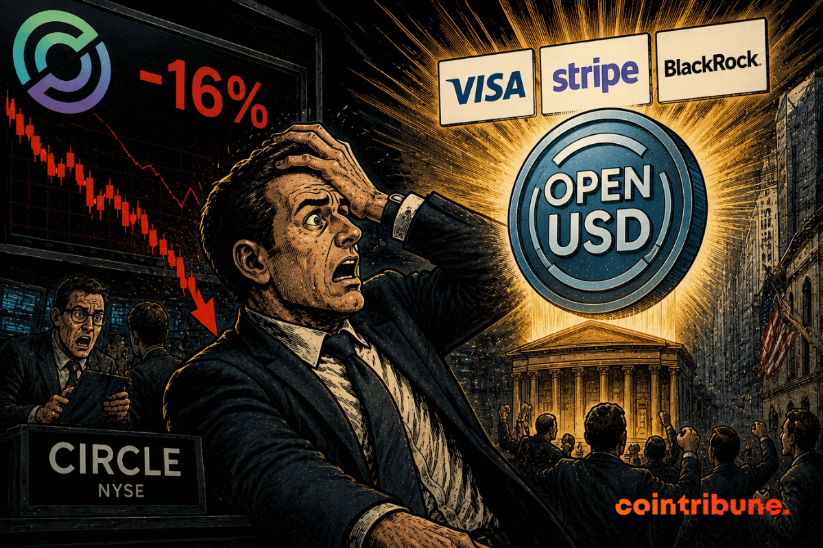Un investisseur paniqué observe la chute de Circle tandis qu’un nouveau stablecoin attire l’attention des grands acteurs financiers mondiaux.