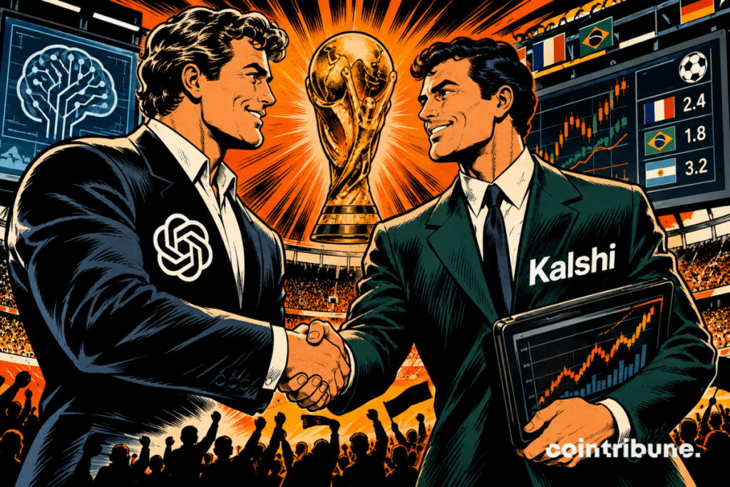 Ilustración que muestra a OpenAI y Kalshi sellando una colaboración en torno a los mercados predictivos de la Copa del Mundo, con el trofeo y gráficos de probabilidades al fondo.