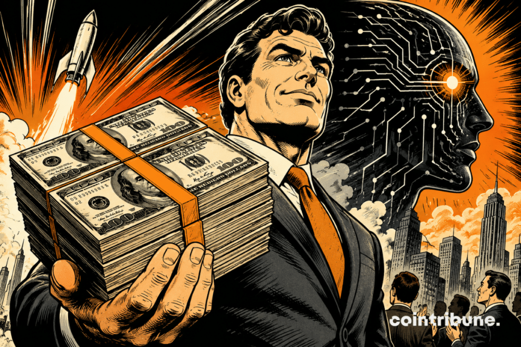 Ilustración de Paradigm recaudando 1.200 millones de dólares para acelerar sus inversiones en IA, con fajos de billetes, un cohete y una figura de inteligencia artificial al fondo.
