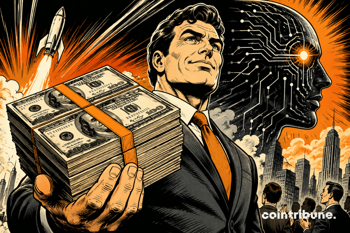 Illustration représentant Paradigm levant 1,2 milliard de dollars pour accélérer ses investissements dans l’IA, avec des liasses de billets, une fusée et un visage d’intelligence artificielle en arrière-plan.