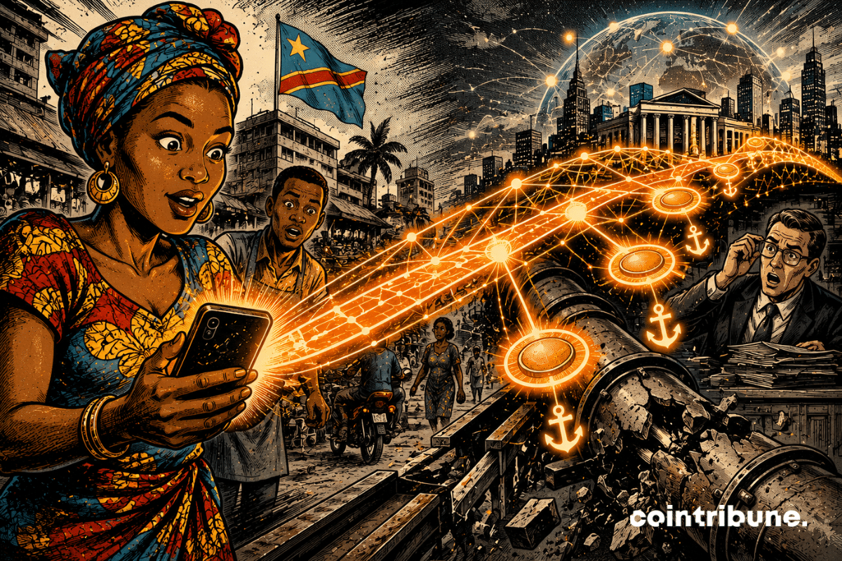 Une utilisatrice congolaise envoie des stablecoins depuis son smartphone vers un réseau financier mondial, au-dessus d’un ancien rail bancaire brisé.