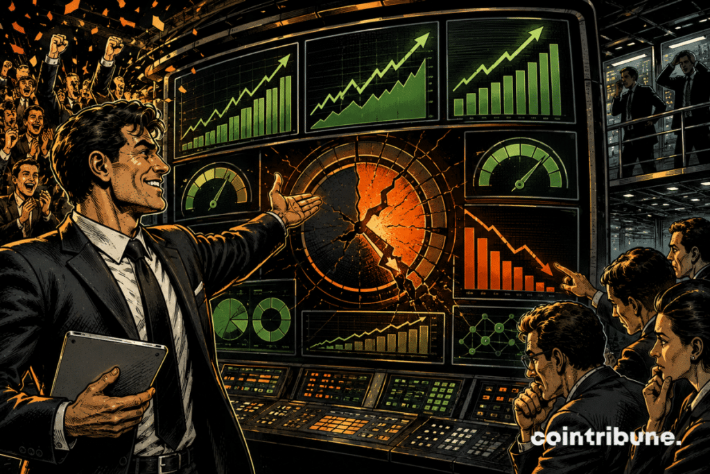 An executive smiles in front of rising charts, while a cracked gauge alarms worried analysts.