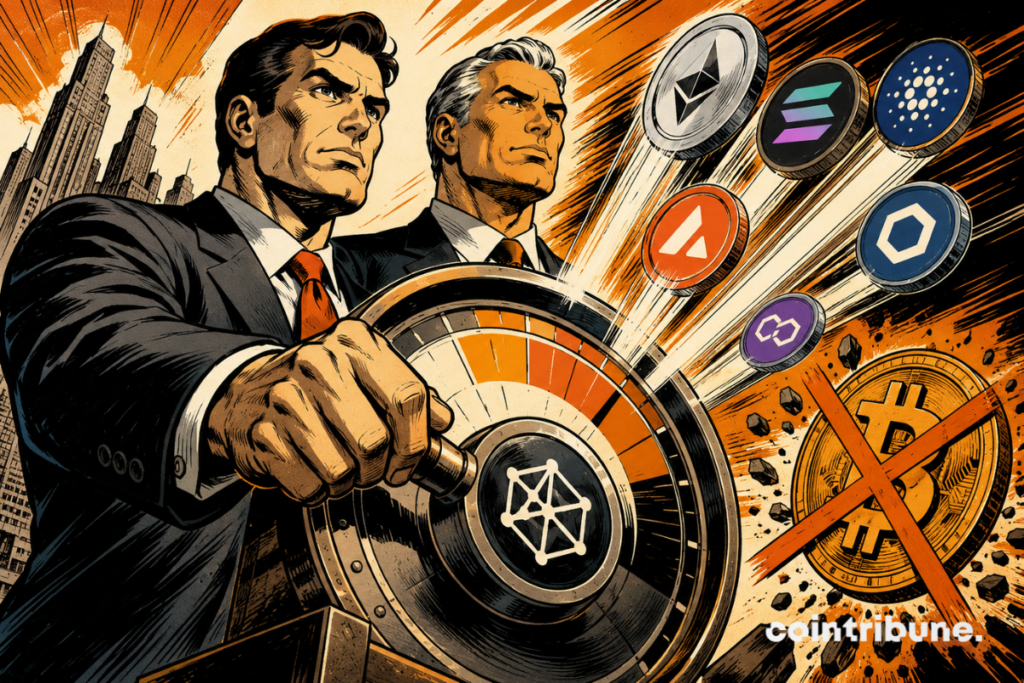Illustration of S&P and Pantera launching a crypto index without Bitcoin, highlighting Ether, Solana, and other digital assets.
