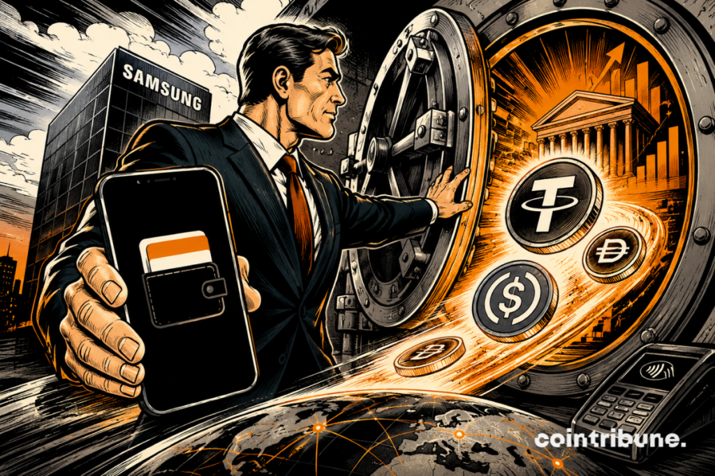 Illustration showing Samsung integrating stablecoins into Samsung Wallet, featuring a smartphone, a digital vault, and tokens representing payments and digital assets.