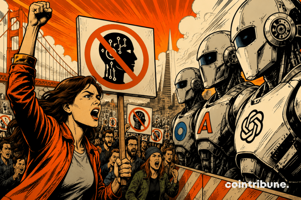 Ilustração de um protesto em San Francisco em frente às principais empresas de IA, onde manifestantes pedem uma pausa no desenvolvimento dos modelos avançados da OpenAI, Anthropic e DeepMind.