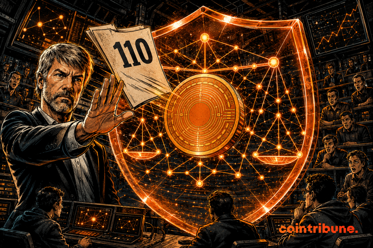 Michael Saylor pushes away a document marked “110” in front of an orange shield protecting a balanced Bitcoin network.