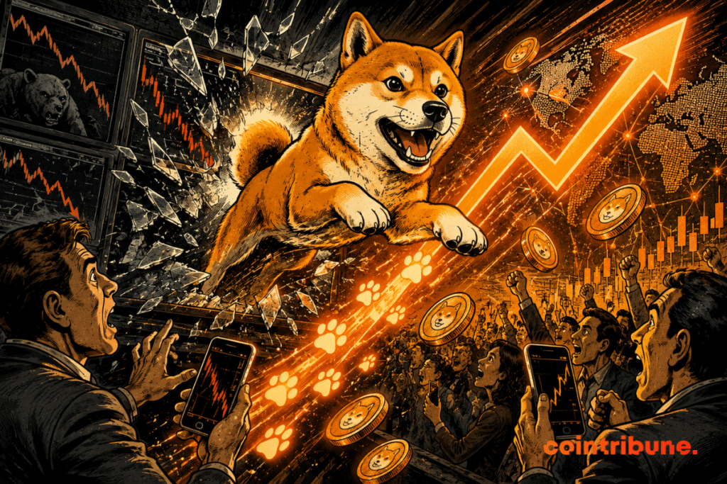 A crypto shiba dog leaps out of a cracked screen, carried by a rising orange arrow and a crowd of investors.