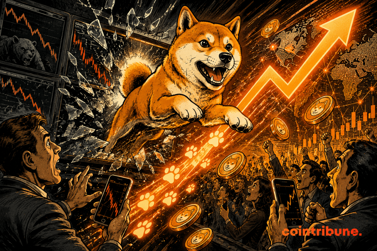 Un chien shiba crypto bondit hors d’un écran fissuré, porté par une flèche orange ascendante et une foule d’investisseurs.