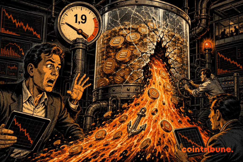 A cracked stablecoin reservoir releases an orange torrent of liquidity beneath a gauge marked 1.9.
