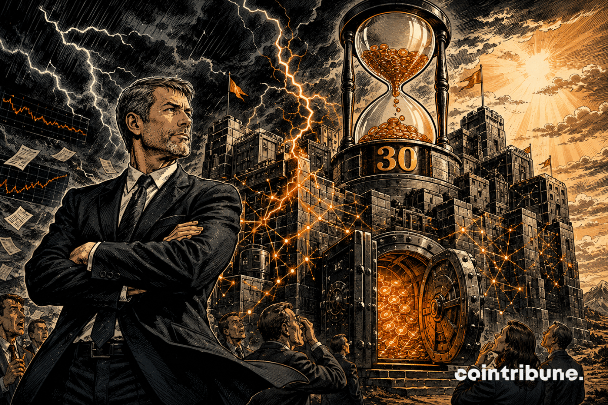 Michael Saylor stands before a storm-resistant crypto fortress, topped by an hourglass marked 30.