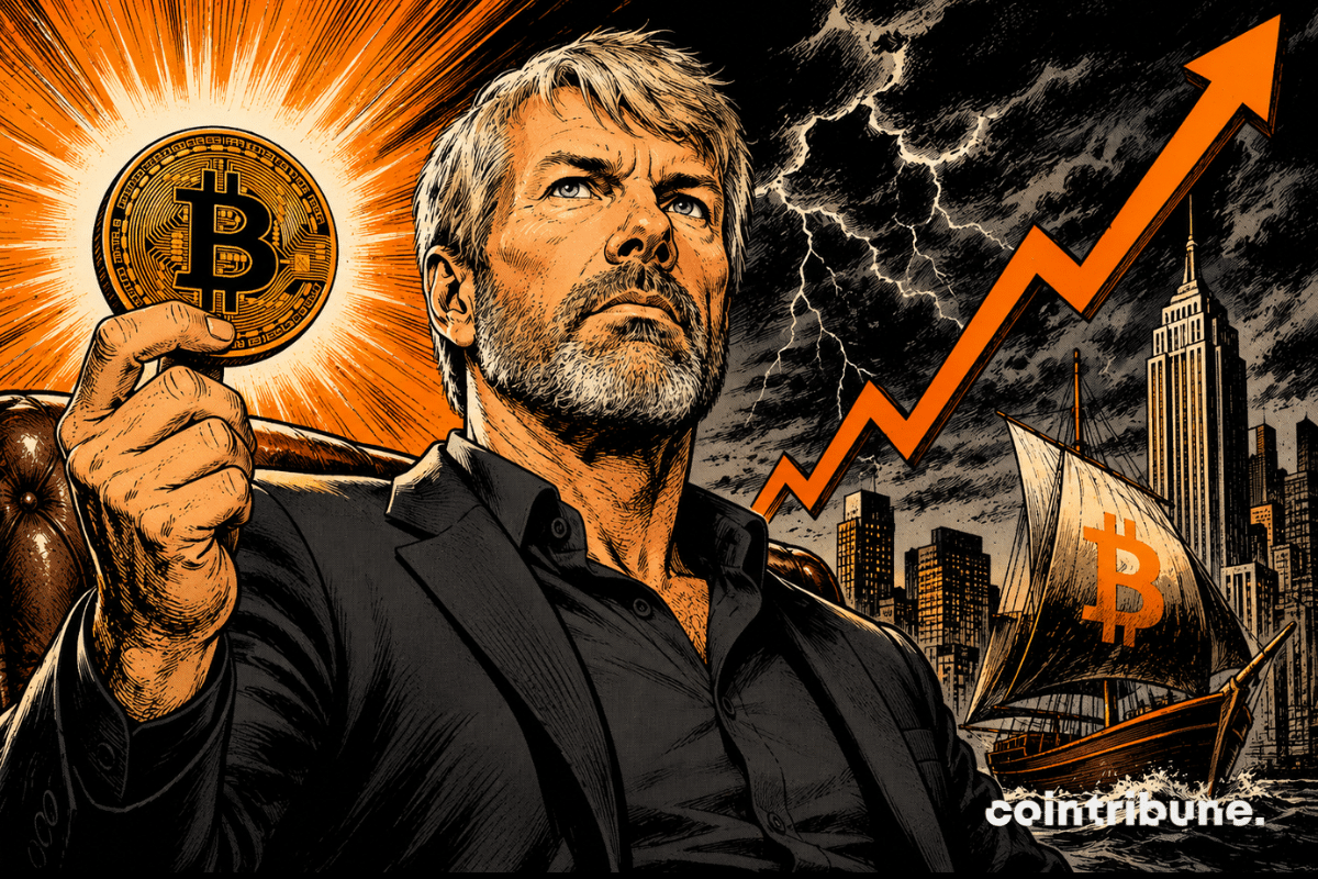 Michael Saylor holds a Bitcoin as Strategy unveils its resilience threshold against a prolonged Bitcoin decline.