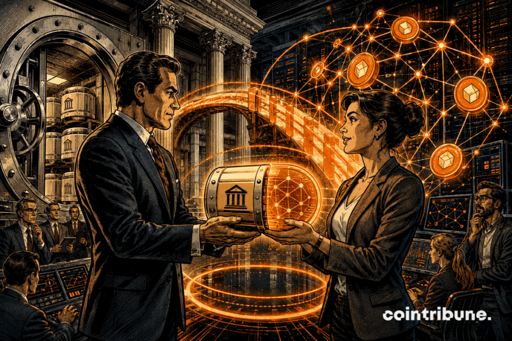 Un banquier et une experte crypto relient un coffre bancaire à un réseau blockchain grâce à un dépôt tokenisé lumineux.