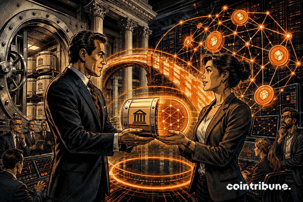 Un banquier et une experte crypto relient un coffre bancaire à un réseau blockchain grâce à un dépôt tokenisé lumineux.
