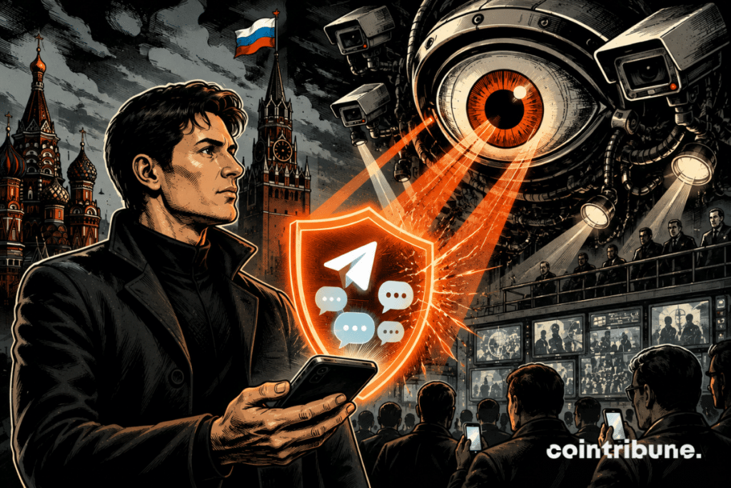 Pavel Durov tient un smartphone projetant un bouclier de messagerie face à un immense œil mécanique de surveillance.