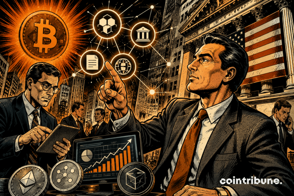 Illustration depicting Wall Street and tokenization, featuring the Bitcoin logo, blockchain symbols, financial charts, and business executives in front of the New York Stock Exchange, highlighting the convergence of traditional finance and digital assets.