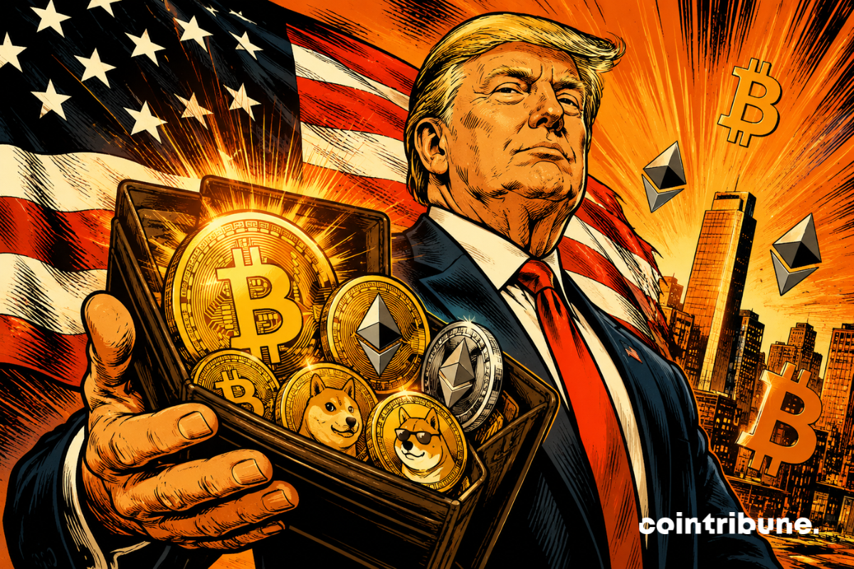 TRUMP tenant un portefeuille crypto avec Bitcoin, Ethereum et memecoins illustrant son exposition aux actifs numériques