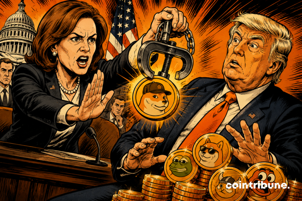 Illustration montrant la sénatrice Kirsten Gillibrand tentant de bloquer les memecoins associés à Donald Trump lors d'un débat politique, avec plusieurs jetons crypto symboliques au premier plan.