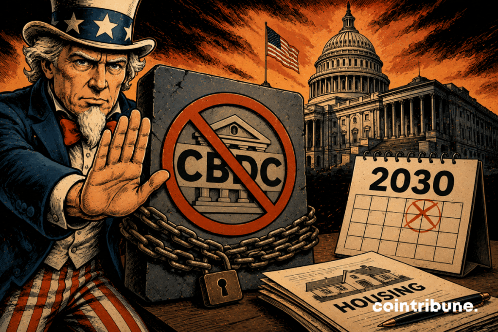 A financial icon is blocked outside the U.S. Capitol, while a distant deadline fuels political tensions surrounding digital currencies.