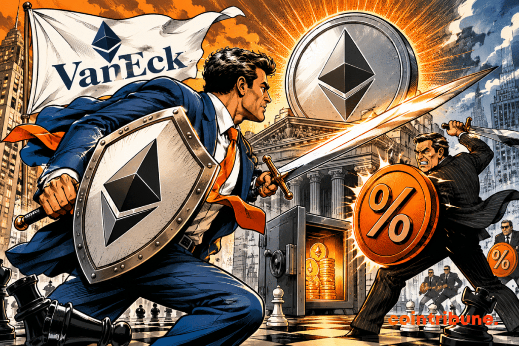 Illustration depicting VanEck competing in the Ethereum spot ETF market, featuring the Ethereum logo, a shield, and a fee symbol.